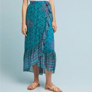 Anthropologie Akemi + Kin Teal and Purple Printed Midi Wrap Skirt